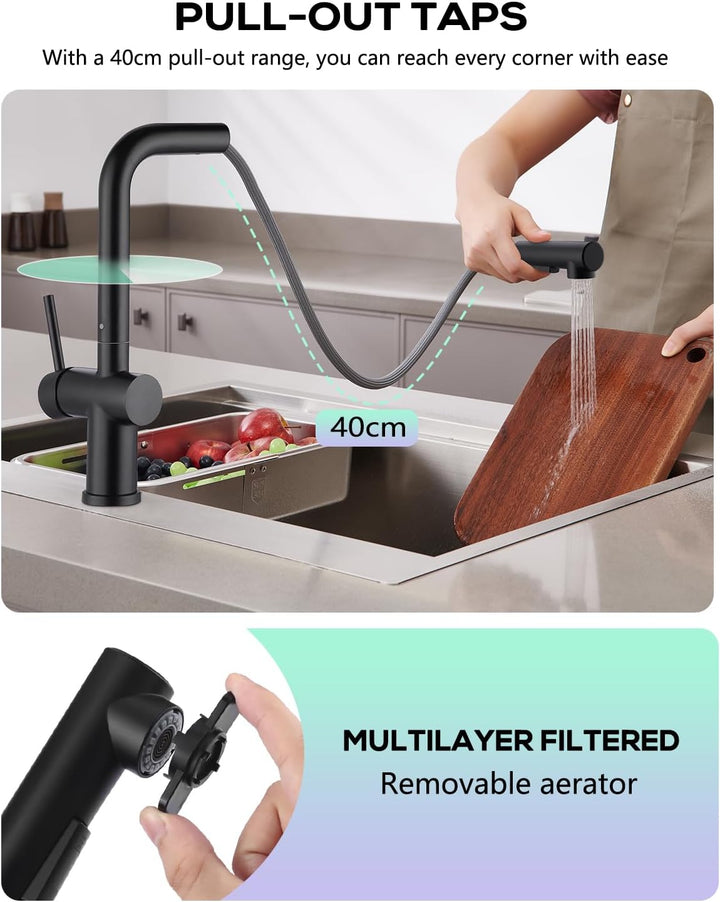 Küchenarmatur mit Brause Ausziehbar, Hochdruck Wasserhahn Küche Schwarz mit Zwei Wasserstrahlarten,