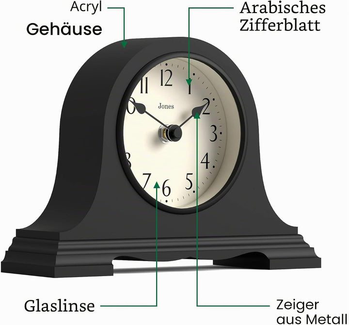 JONES CLOCKS® Speakeasy klein kaminuhr | Klassisches Design des napoleonhutes | Schwarz | Zeitgenöss