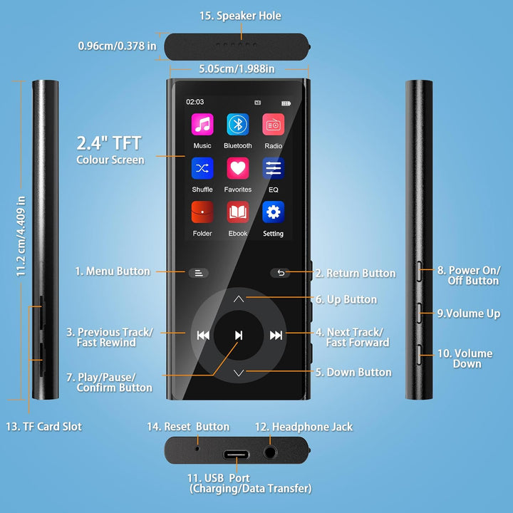 90GB MP3 Player Bluetooth 5.3, Musik Player 2 TF-Kartensteckplätzen, 2,4" Farbbildschirm, Touch-Tast