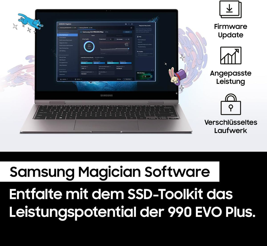 Samsung 990 EVO Plus NVMe M.2 SSD 1 TB, PCIe 4.0 x4 / PCIe 5.0 x2, NVMe 2.0 (2280), 7.150 MB/s Lesen