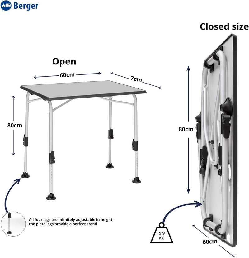 BERGER Ivalo 1 Campingtisch - Klapptisch Höhenverstellbar 80 x 60 cm Alu Campingtisch Klappbar Campi