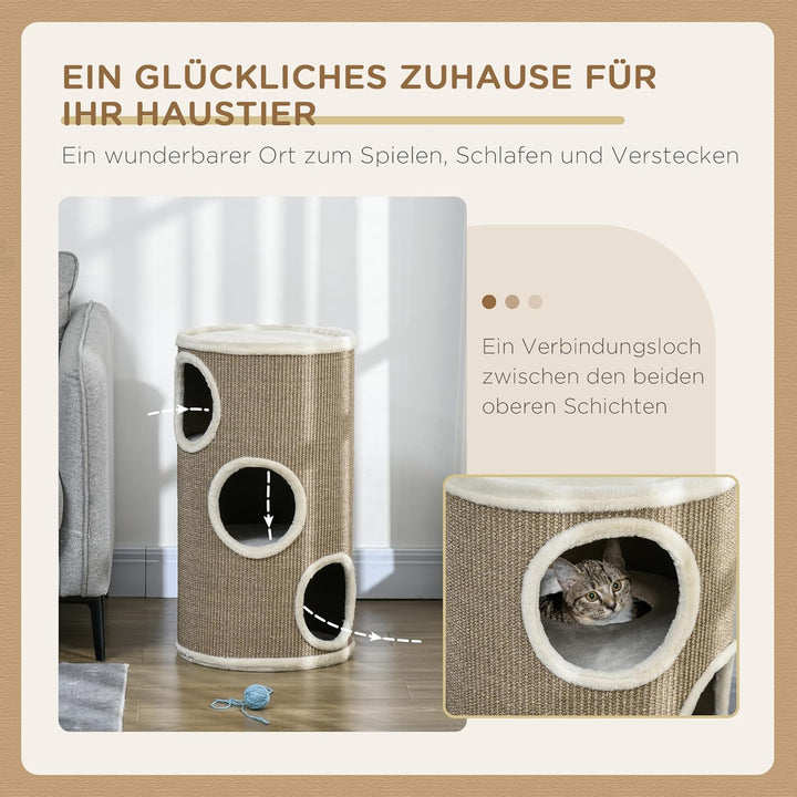 PawHut Kratztonne 70 cm Hoch Ø 38 cm dreistöckige Katzentonne mit Plüschrand, Katzenhöhle, Kratzbaum