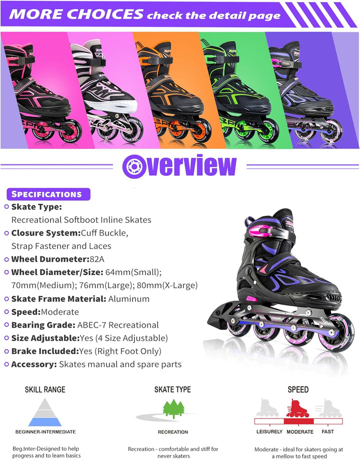 2PM SPORTS Verstellbar Inliner für Kinder, Leucht Inline Skates Rollschuhe für Damen/Herren A Violet