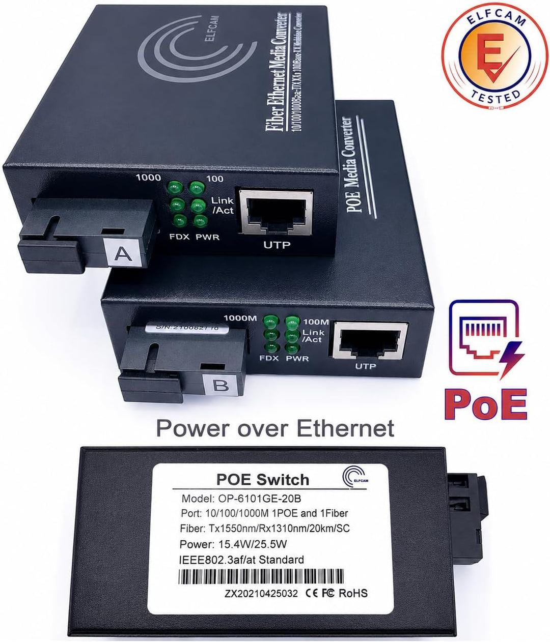 Elfcam® - PoE Gigabit Ethernet LWL Medienkonverter Glasfaser 10/100/1000 Mbps inklusive Mini-GBIC (S