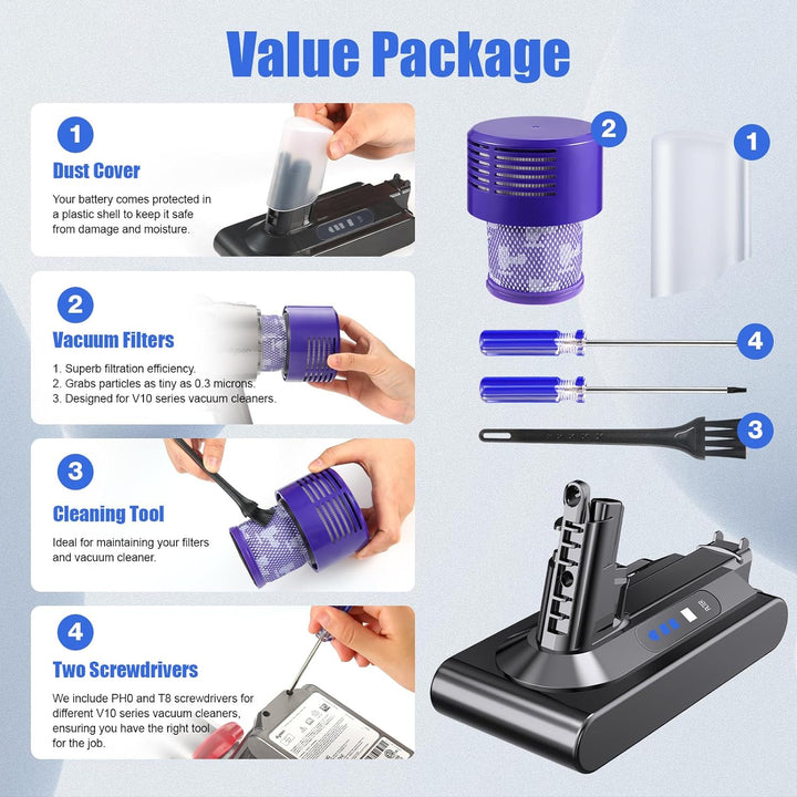 Rapthor V10 Akku, Ersatzakku für Dyson V10, 75,6Wh 25,2V SV12 Kompatibel mit V10 Absolute, V10 Anima