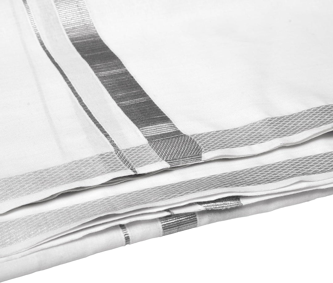 Cotton Dhoti Vesti Mundu Single Layer with Golden Border, Farbe: Weiß, 2,5 cm, silberfarbener J