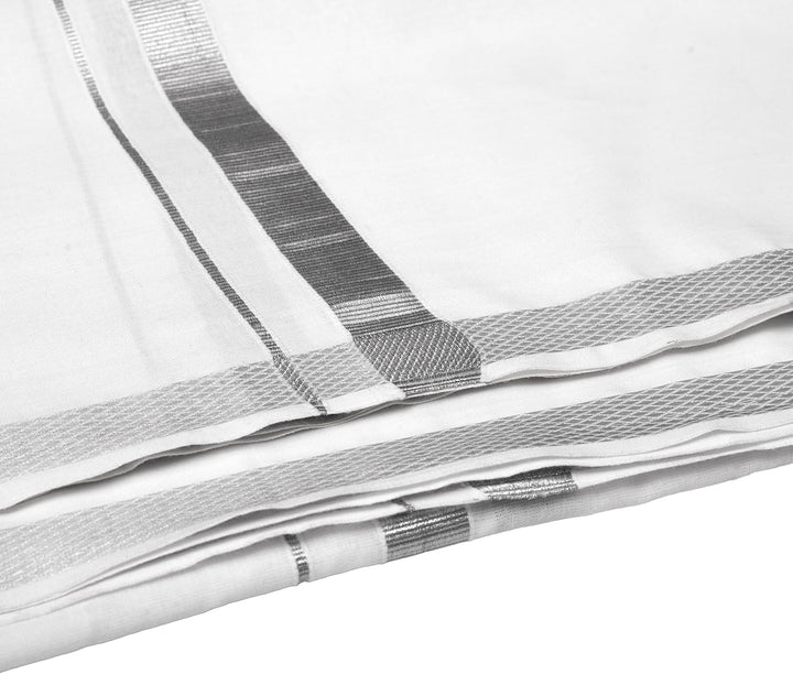 Cotton Dhoti Vesti Mundu Single Layer with Golden Border, Farbe: Weiß, 2,5 cm, silberfarbener J