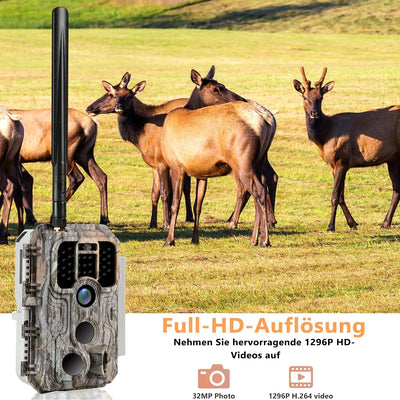 BlazeVideo 4G LTE 120° Mobilfunk Wildkamera 32MP 1296P H.265 Handyübertragung mit SIM Bewegun