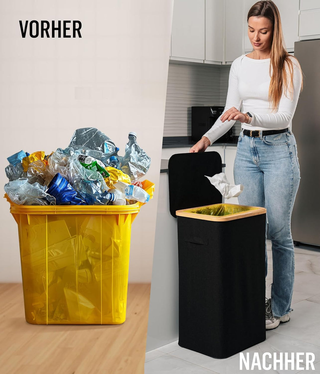 Deco haus® Gelber Sack Ständer mit deckel [90-120L] - Müllsackständer mit Bambusrahmen und fixierend