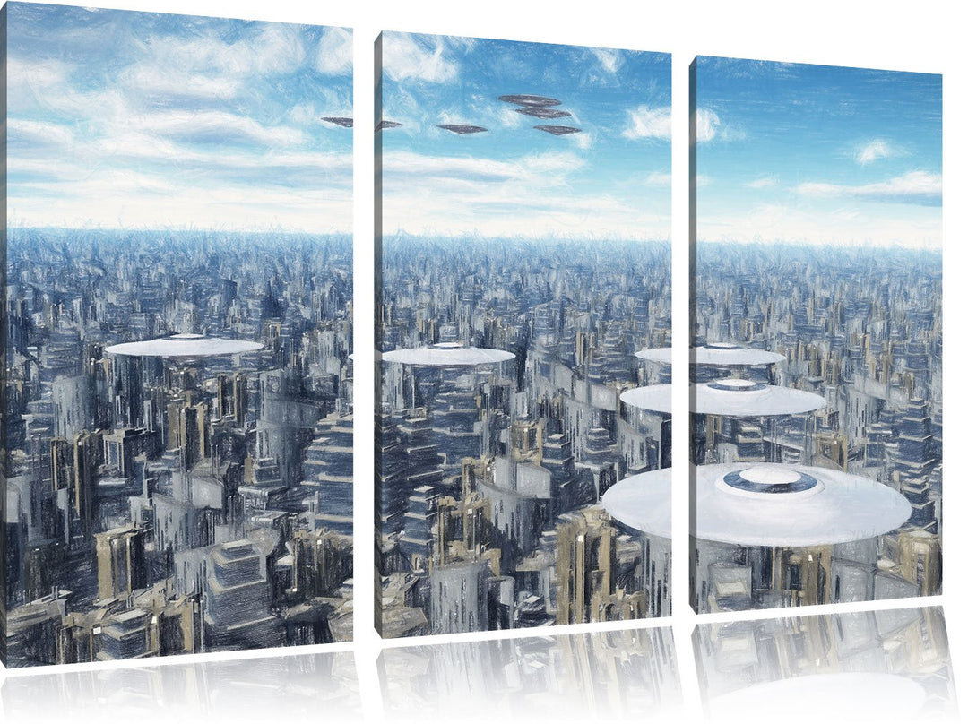 Pixxprint UFO´s über der Stadt als Leinwandbild/Grösse: 3 Teilig (120x80 cm) cm/Wandbild/Kunstdruck/