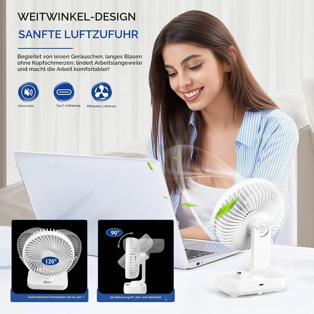 Mini Tischventilator Leiser, 120°Oszillation, 4 Geschwindigkeiten, USB Ventilator mit Akku 4000mAh,