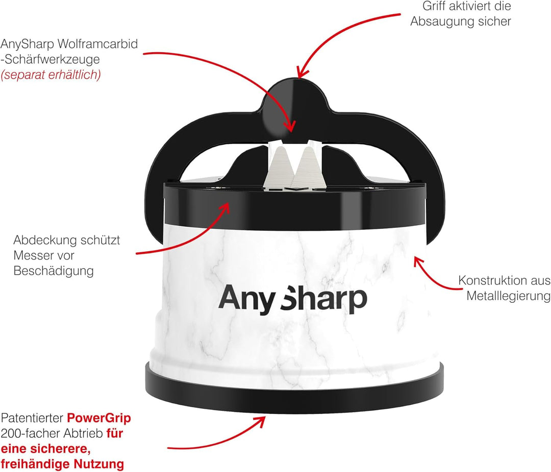 AnySharp Messerschärfer, Freihändige Sicherheit, PowerGrip Saugnapf, Sicheres Schärfen aller Küchenm