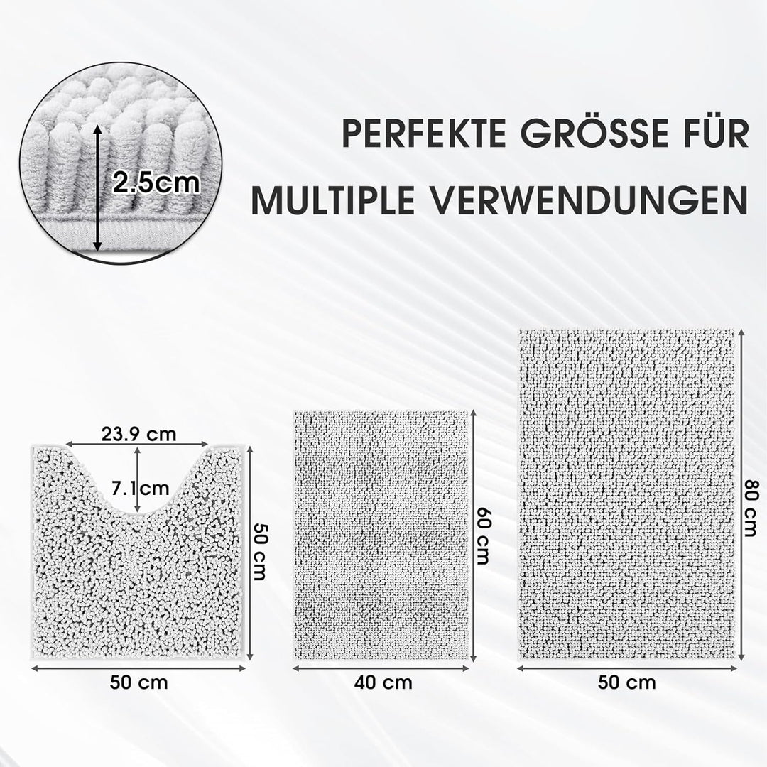 Badvorleger Set 3-Teilig-Weiches Badematten Set mit Rutschfester, Chenille Saugfähige Badteppiche Se