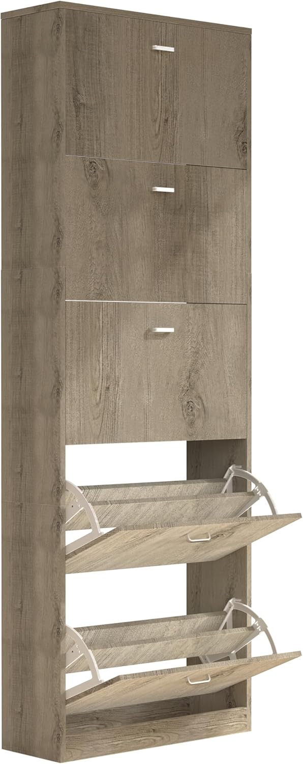 VCM Holz Schuhschrank | Masse: H. 170 x B. 59 x T. 22 cm | 5 Klappen - Sipos XL Honig-eiche, Honig-e