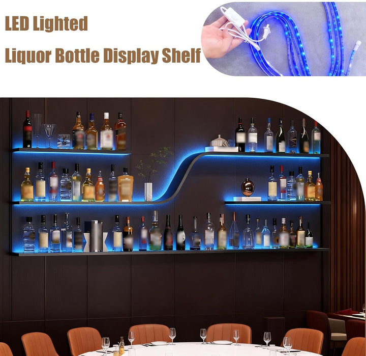 150cm Wand Weinregal mit LED Beleuchtung, Moderne geschwungene schwebende Bar Regal, Wandmontage Win