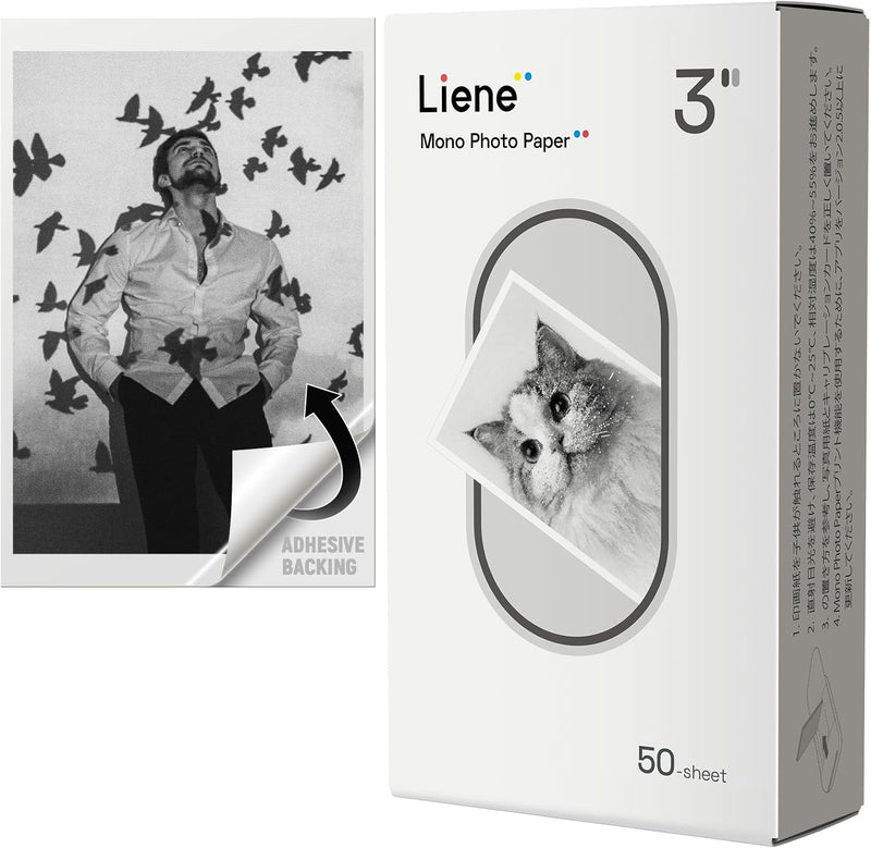 Liene Schwarz Weiss Fotopapier 2x3-50 Blatt 50x76 mm Premium Fotopapier mit Selbstklebender Rückseit