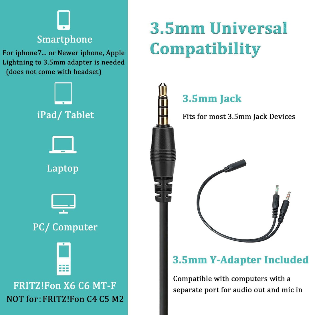 3,5mm Klinke Headset Handy mit Mikrofon Noise Cancelling & Lautstärkeregler, Kopfhörer PC für FritzF