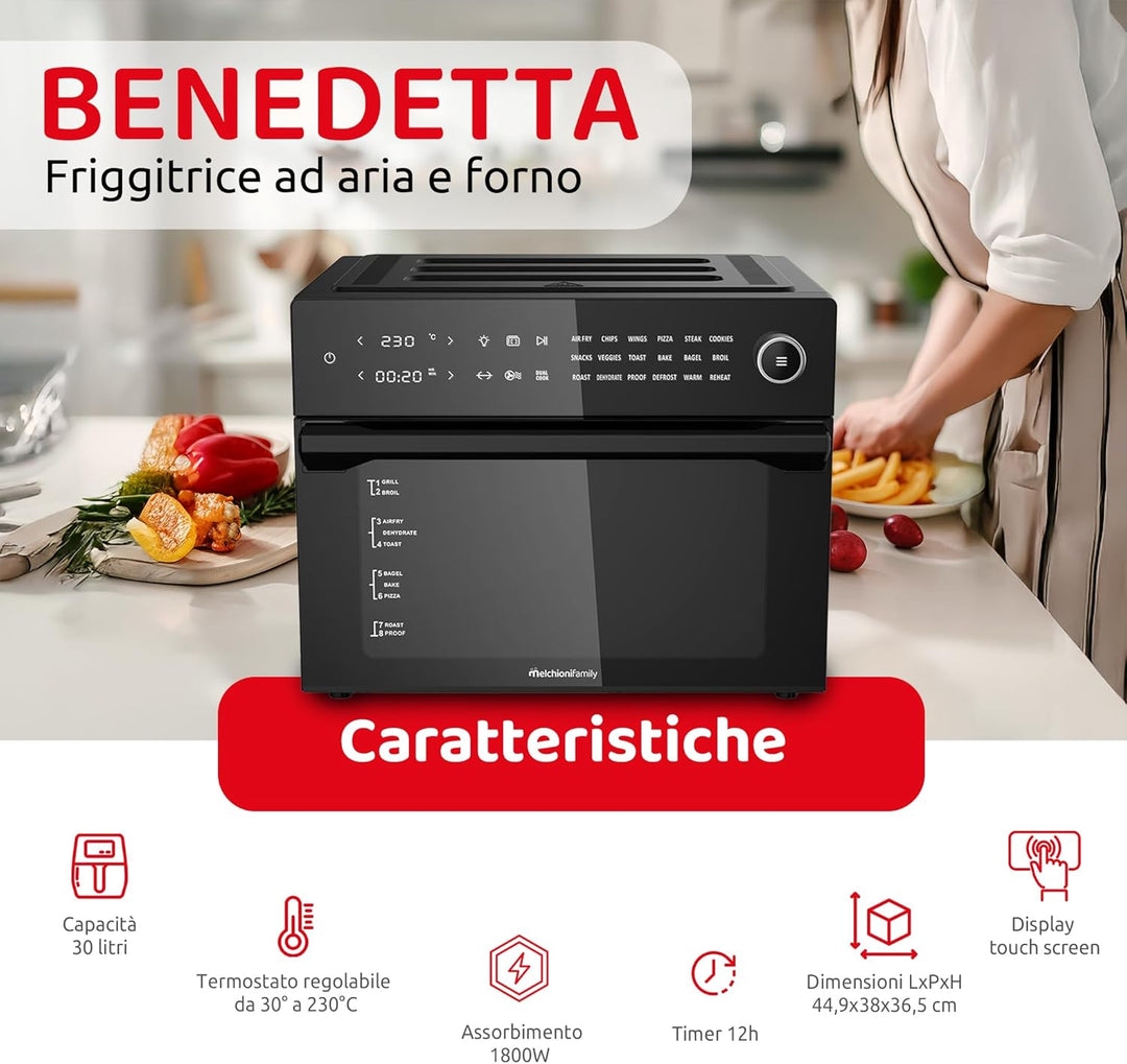 Melchioni Family | Heissluftfritteuse mit 30 Liter Kapazität BENEDETTA, Digitales Display, Dual Cook
