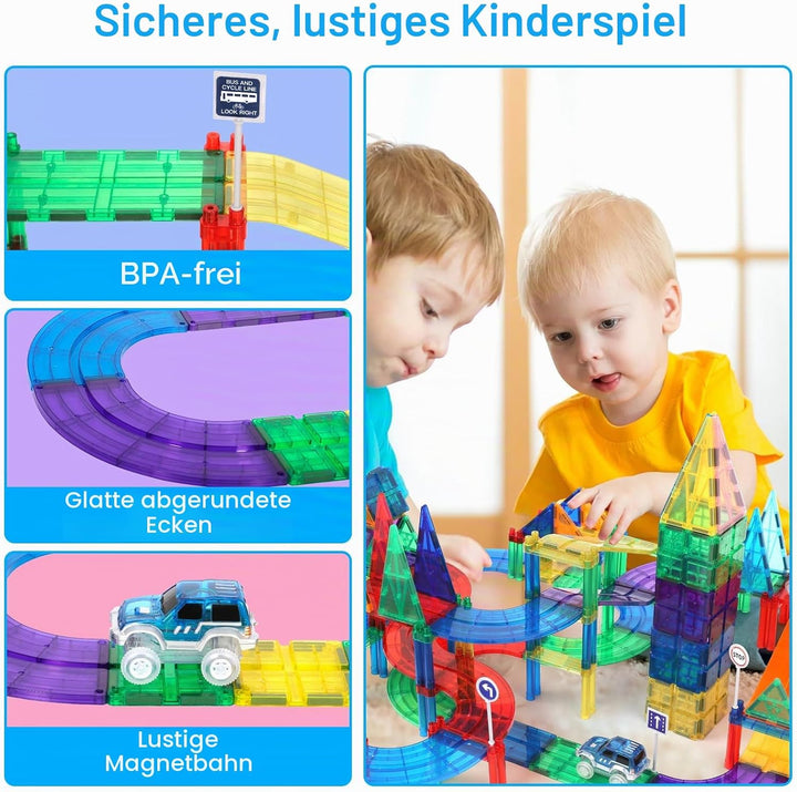 126Pcs Magnetisches Baustein Spielzeug für Bahnrennen, Magnetisches Bauspielzeug mit LED Rennwagen,