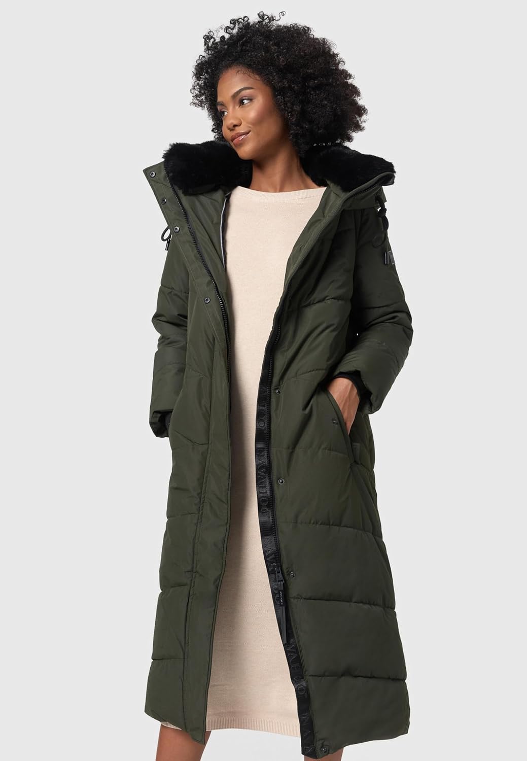 Navahoo Damen Wintermantel Warmer Steppmantel extralang mit Abnehmbarer Kapuze Hingucker XIV XS-5XL