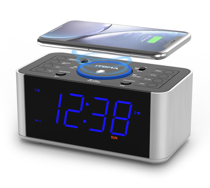 iTOMA Radiowecker Kabelloses Laden, Snooze, Digitales UKW-Radio mit Bluetooth Dual Alarm, Dimmer LED