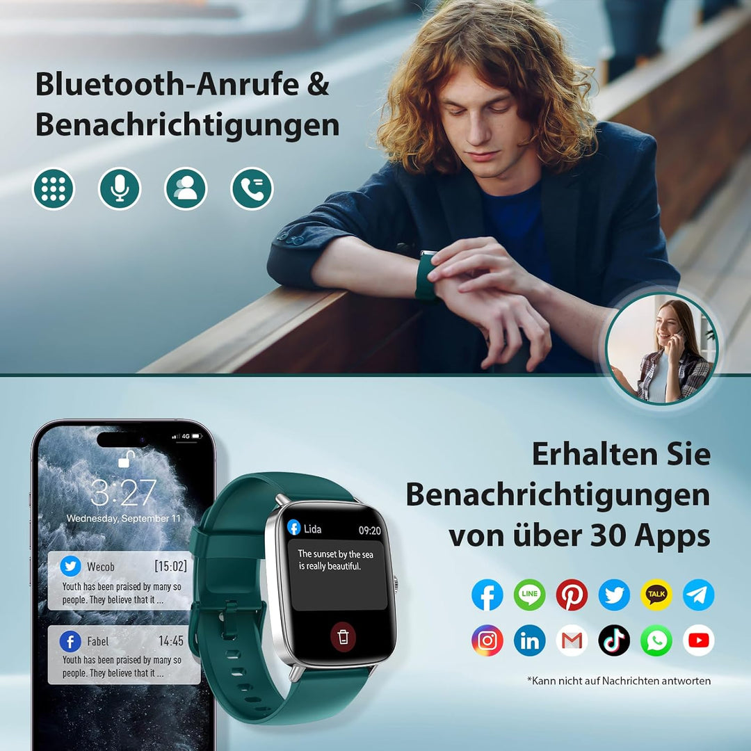 Smartwatch Herren Damen mit Telefonfunktion - 1.85" Fitnessuhr Herren mit Herzfrequenz SpO2 Schlafmo