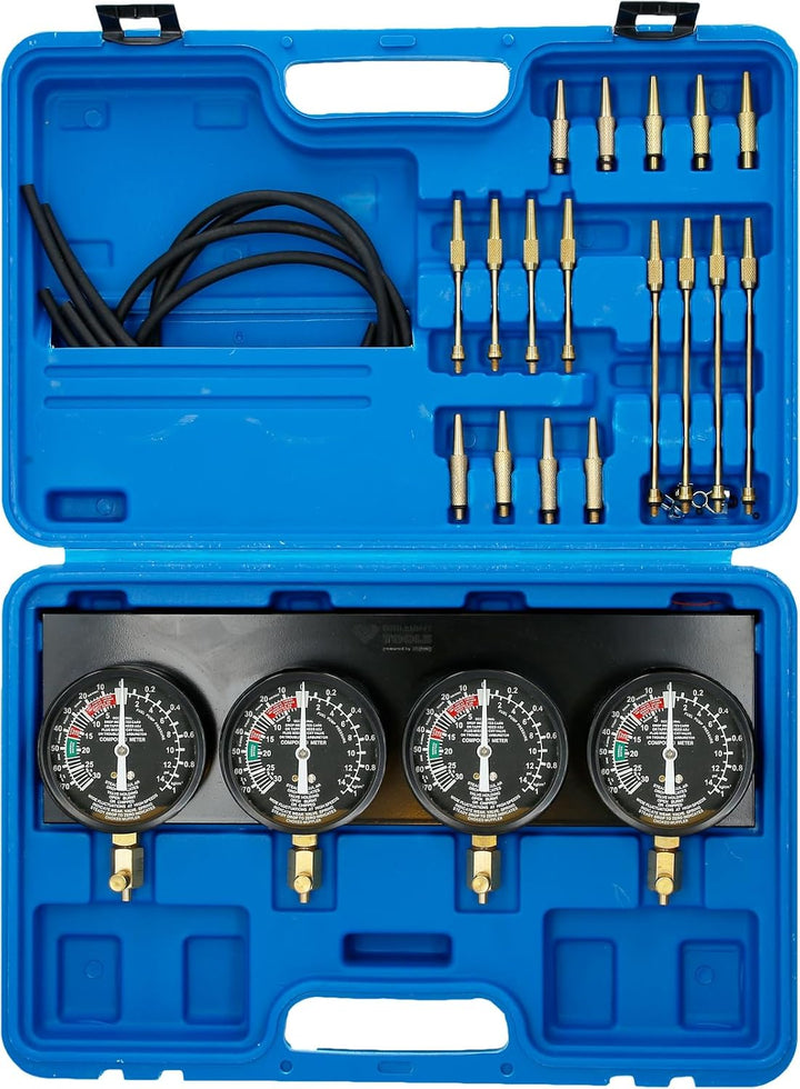 BRILLIANT TOOLS BT581200 Synchron-Vergaser-Testgerät | mit 4 Sync hronuhren | 26-tlg. [Powered by KS