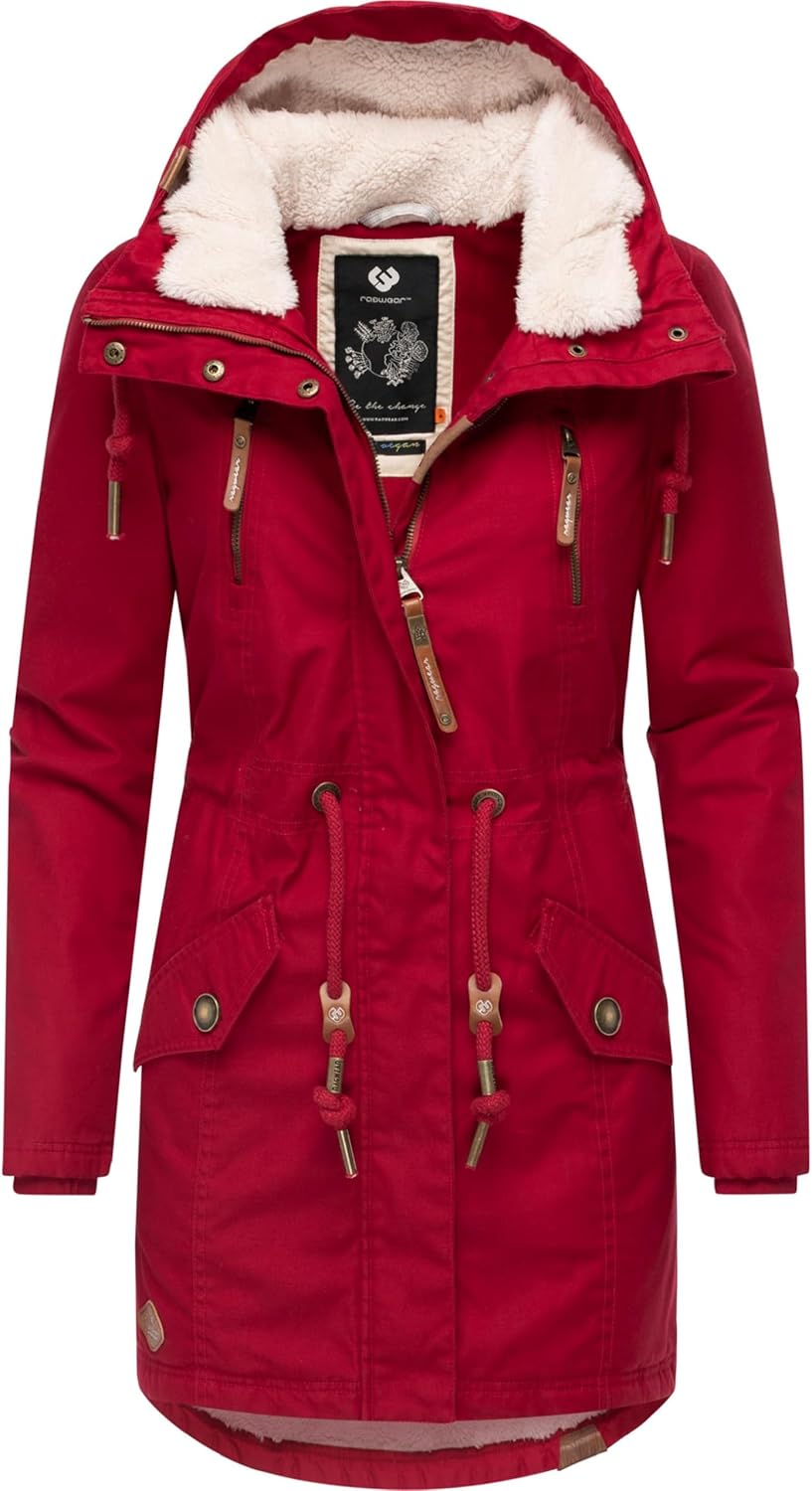 Ragwear Damen Mantel lange warme Winterjacke mit Teddyfell-Kapuze Elsie Intl XS-6XL S Dark Red25, S