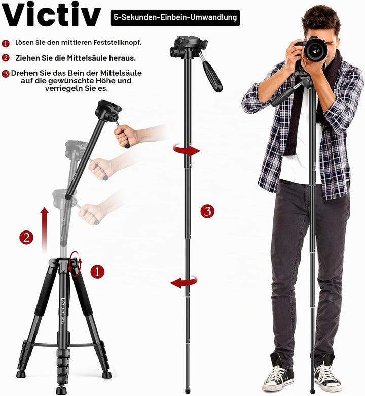Victiv stativ Kamera 182 cm Aluminium Kamerastativ Einbeinstativ T72 Tripod- Leicht und Kompakt Reis