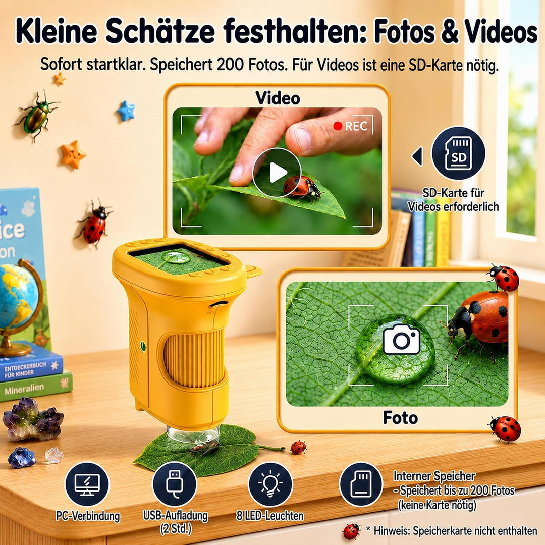 Mikroskop für Kinder, 1000X 4K Tragbares Digitales Mikroskop mit 2,4″ IPS-Display &amp; 8 LED, USB-aufla
