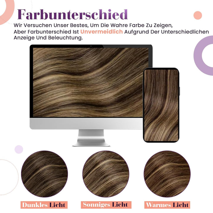 LaaVoo Echthaar Extensions Clip Balayage 50cm Dunkelbraun mit Karamellblond Remy Haarverlängerung Cl