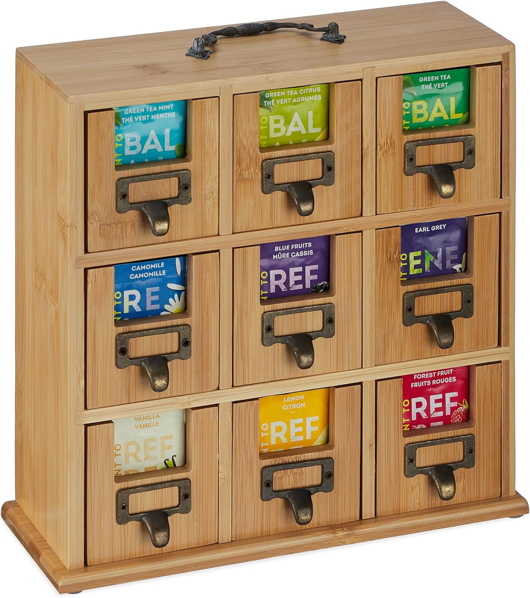 Relaxdays Tee Organizer, 9 Fächer, Bambus, HxBxT: 29 x 30 x 11,5 cm, zum Hinstellen o. Aufhängen, Te
