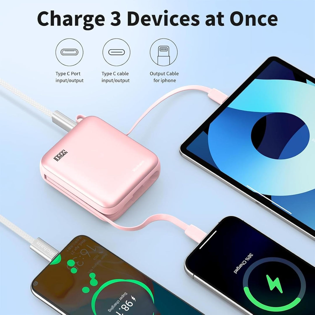 Hichain Power Bank Klein, 10000mAh 22,5W Powerbank USB C Schnellladen mit Integriertem USB-C Kabel,