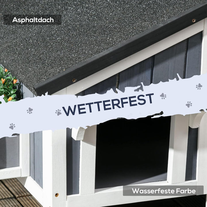 PawHut Katzenhaus aus Holz, Winterfest Katzenhütte mit Mehreren Eingängen, 2 Etagen, Katzenhöhle für