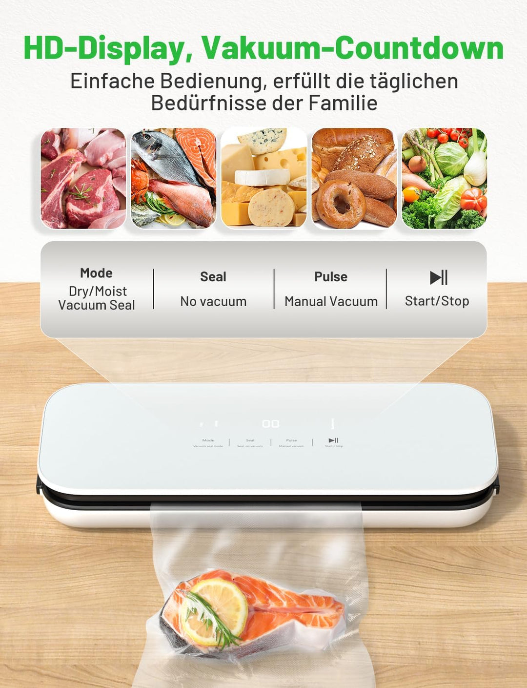 Vakuumiergerät 75kpa mit Digitales Display, Glasscheibe Vakuumierer sous vide mit Eingebauter cutter