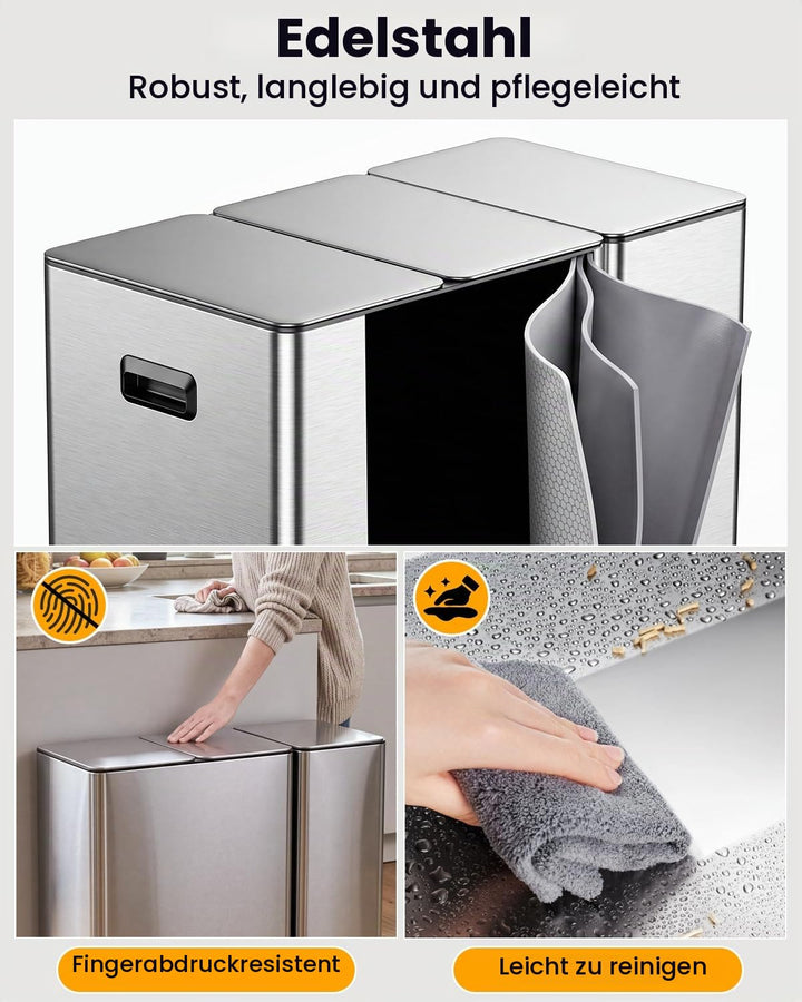 YEAUPE PRO Mülleimer Küche 60L (2x20L + 20L) 3 fächer Treteimer Edelstahl | Recycling Abfalleimer fü