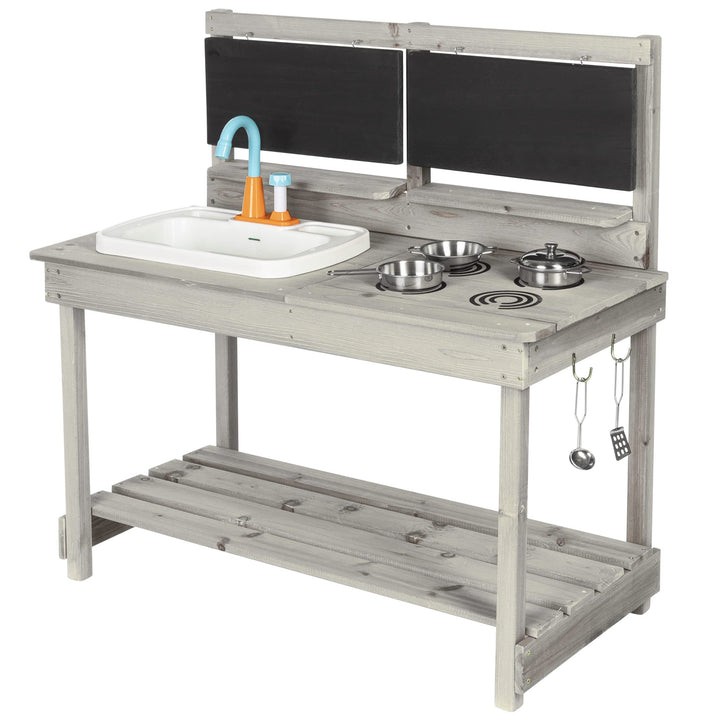 ONVAYA® Matschküche aus Holz | Grau | Outdoor Spielküche mit Waschbecken und schwarzer Tafel | Inklu