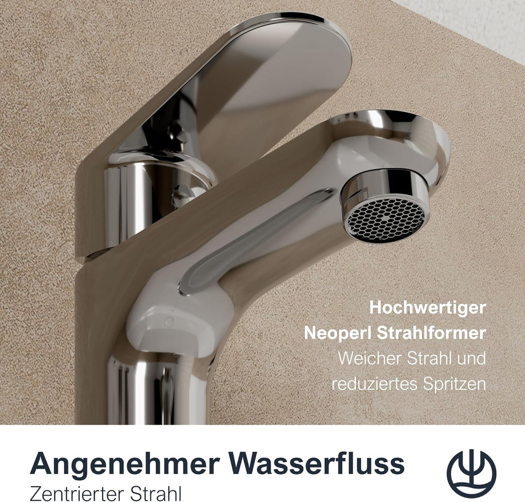 KLUDI-X1 Niederdruck Waschtischarmatur, Auslaufhöhe 95 mm, wassersparender Wasserhahn Bad Grösse M,