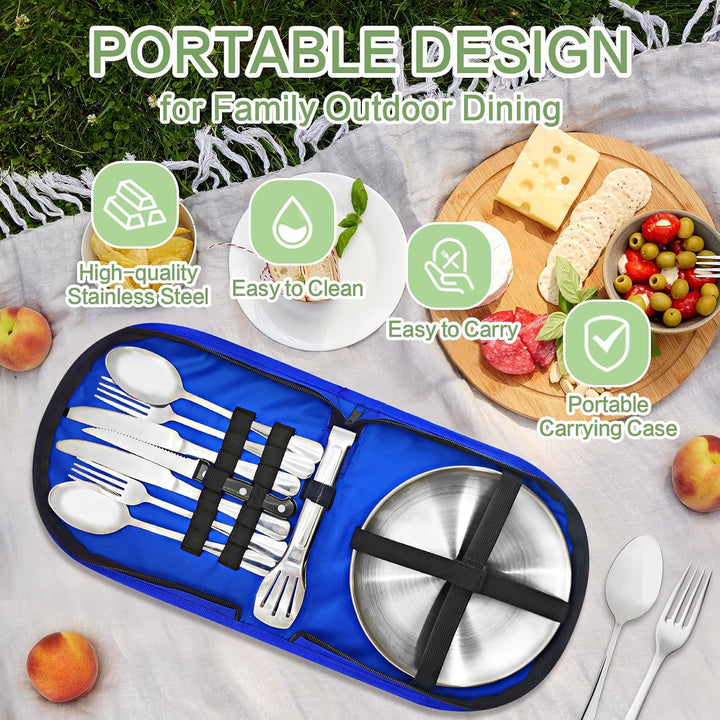 Camping Geschirr 2/4 Personen, 11/21PCS Camping Zubehör Camping Besteck Set Edelstahl Picknick Zubeh