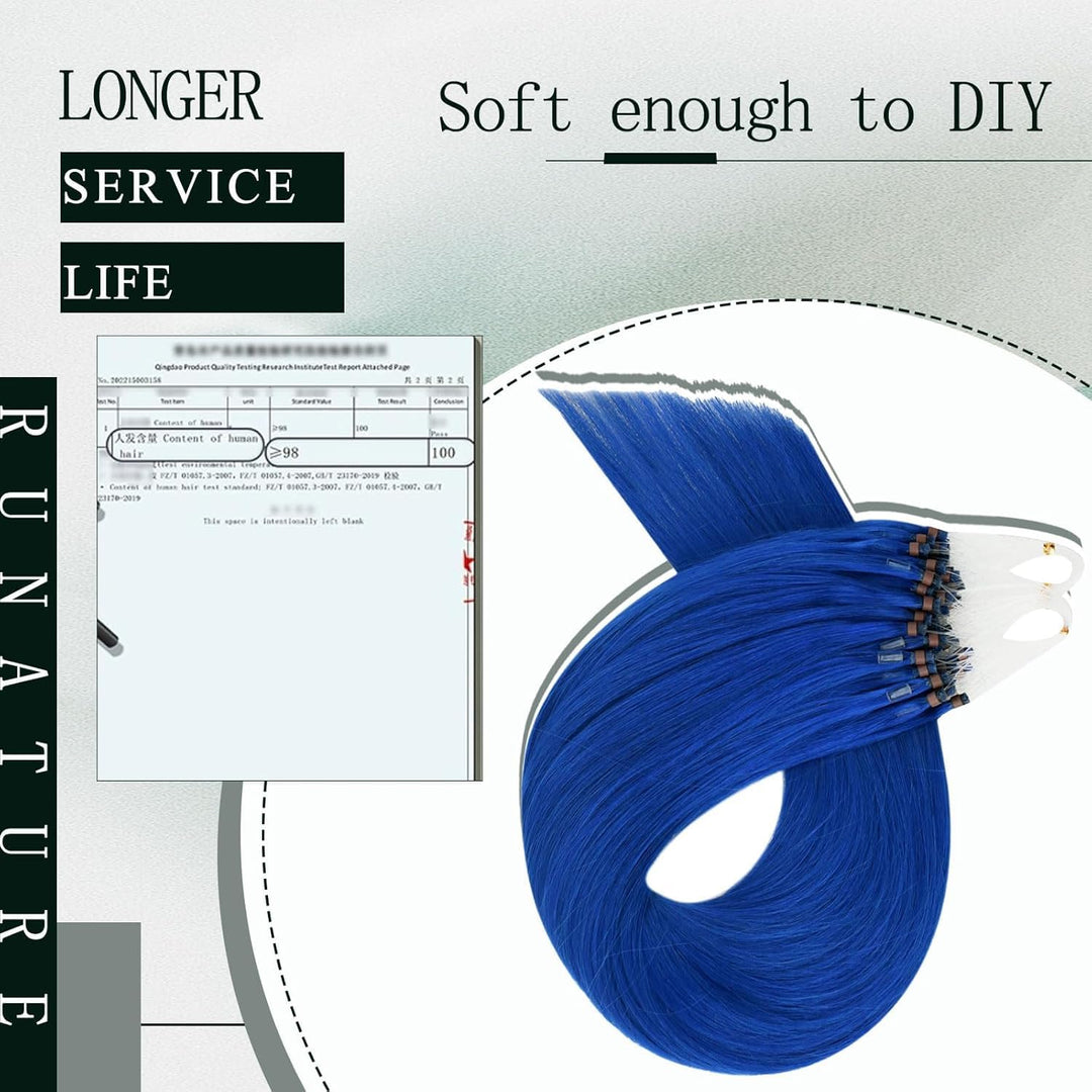 RUNATURE Microring Extensions Echthaar Blau 40cm Remy Glatt Bunt Haarverlangerung 25g #Blau 40CM 2-M