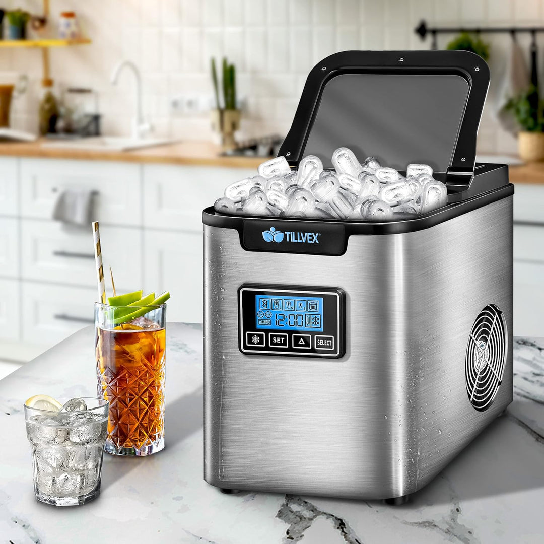 tillvex Eiswürfelmaschine Edelstahl 12 kg - 24 h | Eiswürfelbereiter mit Timer und 2,2 Liter Wassert