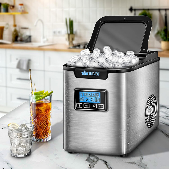 tillvex Eiswürfelmaschine Edelstahl 12 kg - 24 h | Eiswürfelbereiter mit Timer und 2,2 Liter Wassert