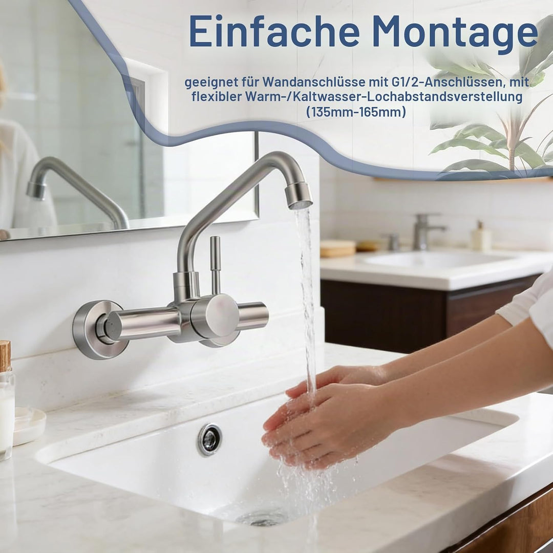 Wasserhahn Wandmontage, Edelstahl wasserhahn Küche 360° Drehbare Wasserhahn Verlängerung Kalt und He