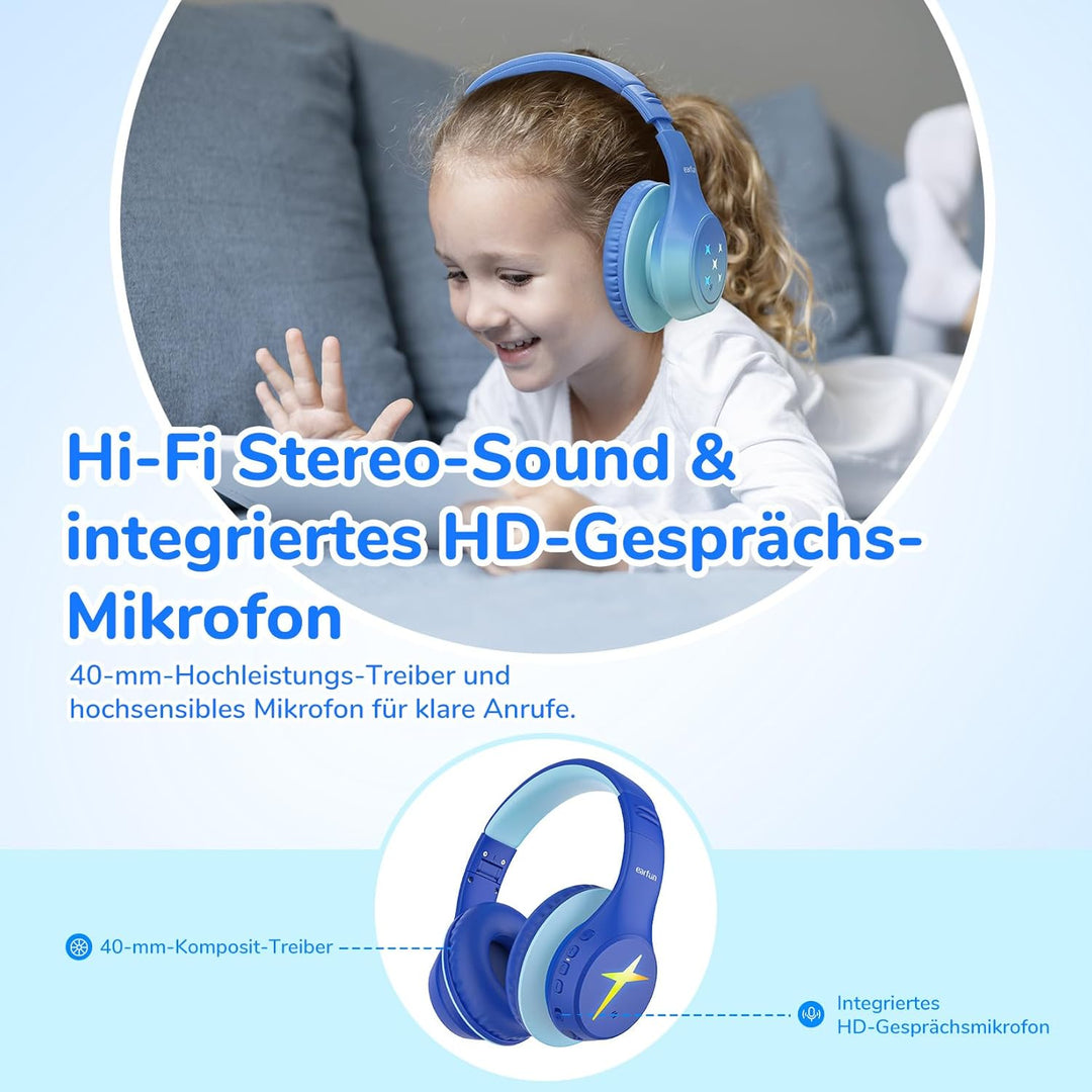 EarFun Bluetooth Kopfhörer Kinder, 5 LED Beleuchtungsmodi, und AUX Kabel | 74/85/94 dBA Lautstärkebe