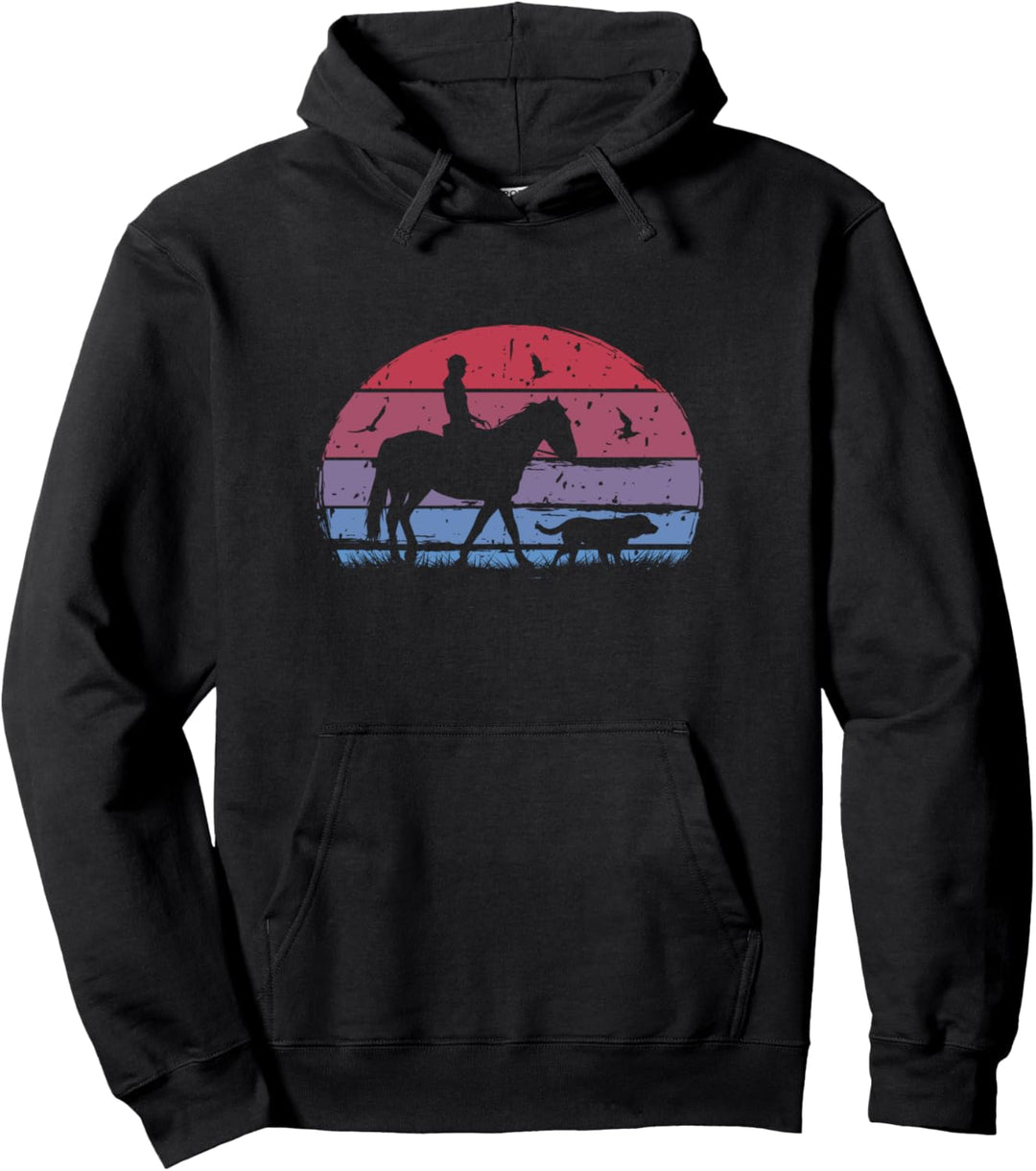 Pferd – Mädchen mit Pferd und Hund bei Sonnenuntergang Pullover Hoodie
