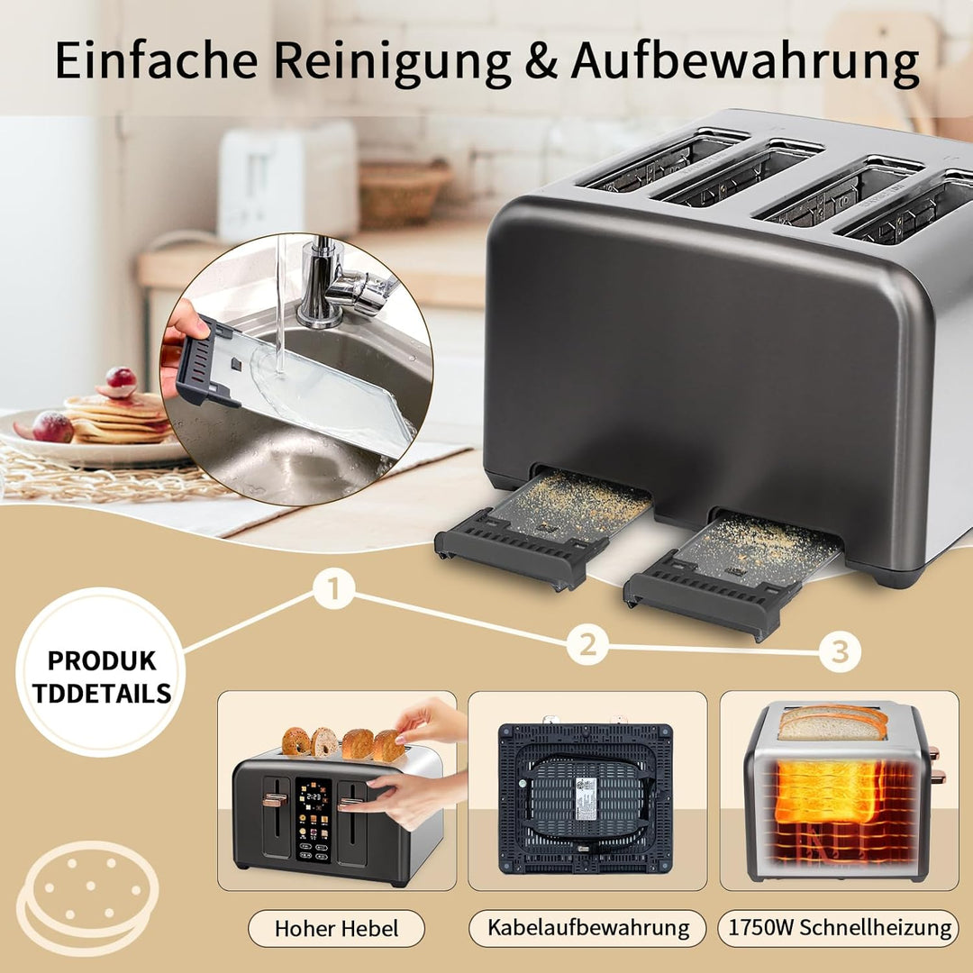 SEEDEEM Toaster 4 Slice, Stainless Toaster LCD Display&Touch Buttons, 50% Faster Heating Speed, 6 Br