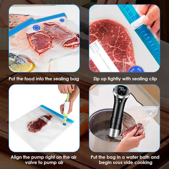 Sous Vide Beutel, 3 Grössen Wiederverwendbare Lebensmittel Vakuumtüten mit 4 Verschlussklammern, 2 M