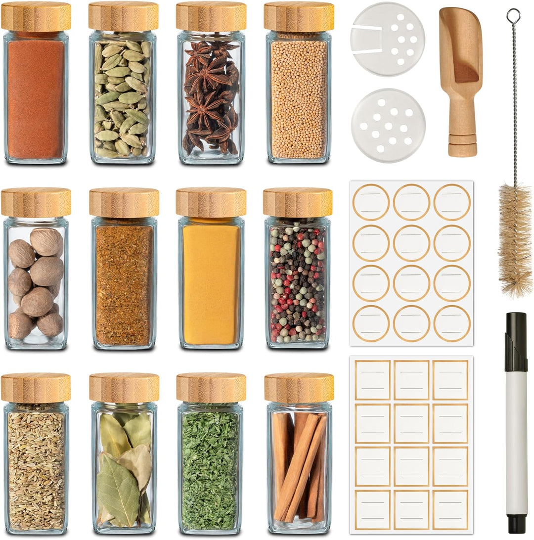 Praknu Gewürzgläser Eckig mit Bambusdeckel - 12er Set - Gewürz Organizer - Mit Streueinsatz - Gewürz