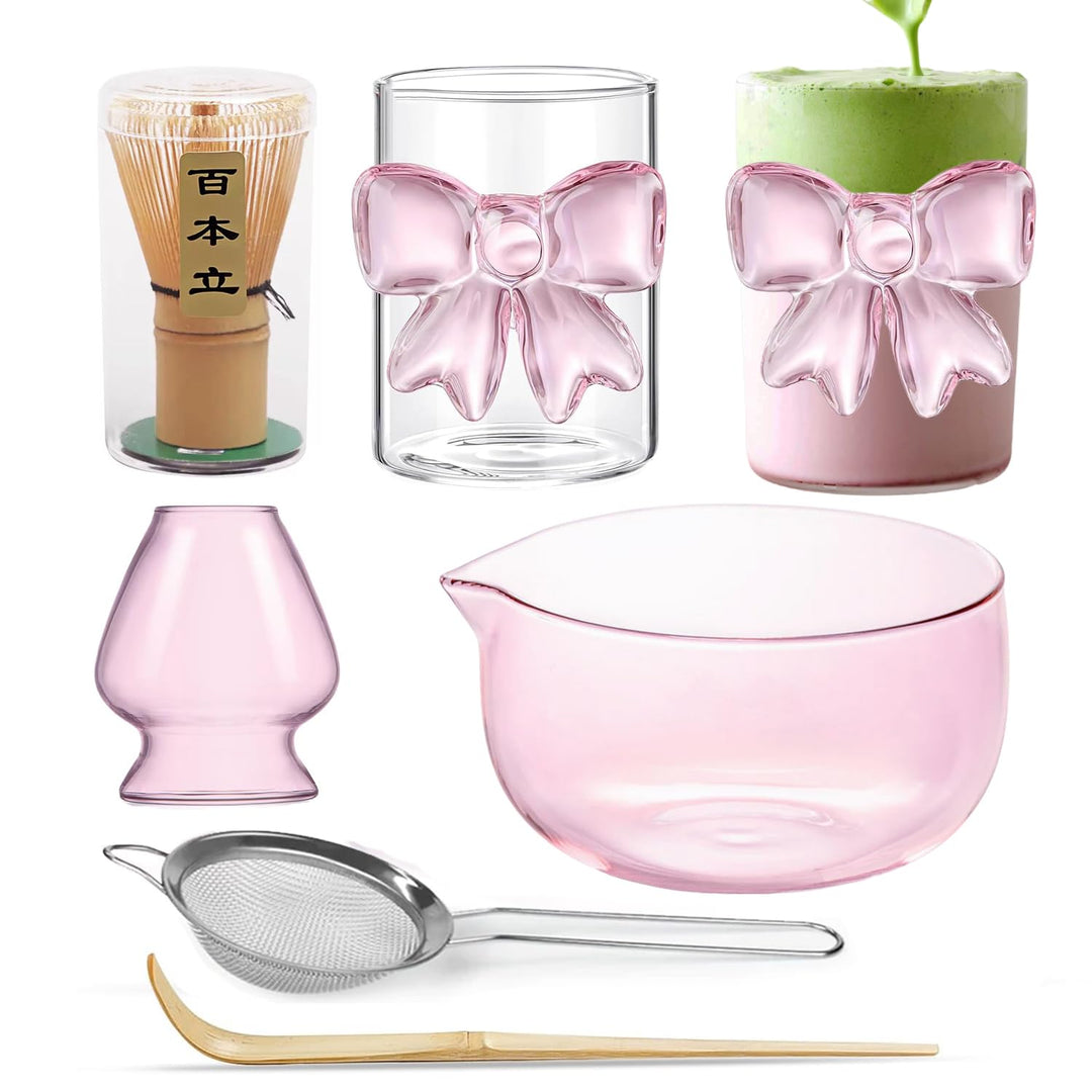 Matcha Set Rosa Matcha Schale,Matcha Tasse Trinkbecher mit Bow Iced coffee Trinkglas,Matcha Sieb Mat