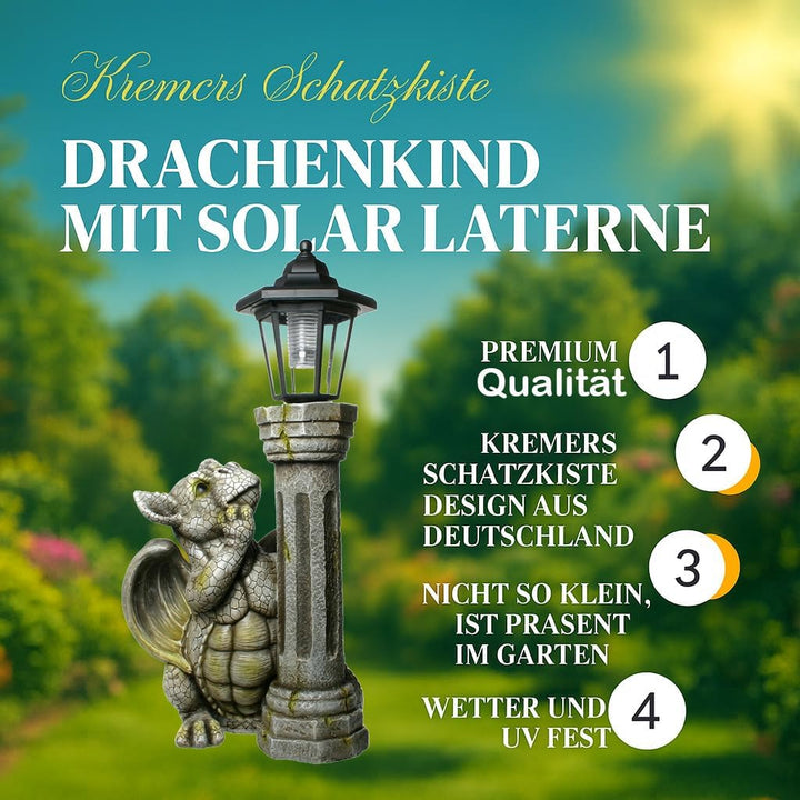 Kremers Schatzkiste Drachenkind mit Solar Laterne Drache Figur Gargoyle Gartenfigur mit Solarlaterne